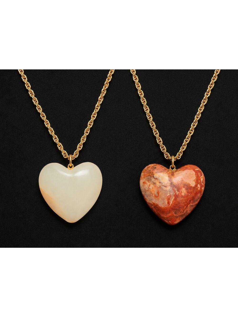 Vintage Gold Tone Heart Pendant Necklace Bundle – Set of 2 Stone Style Hearts 💕